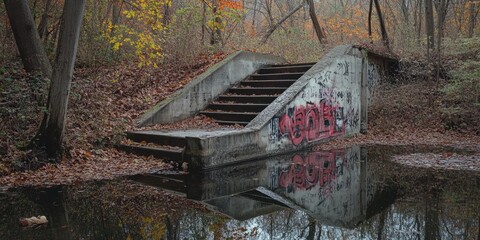 Wall Mural - Concrete Bridge with Graffiti in Woods