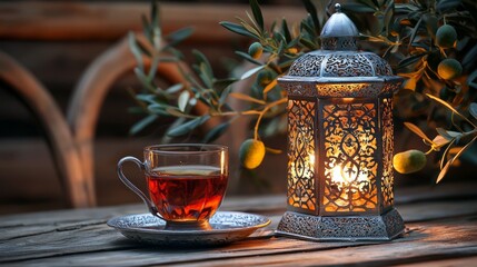 Aufkleber - A beautifully designed invitation showcasing a glowing lantern beside a steaming cup of tea on a rustic wooden table, framed by delicate olive branches. Perfect for Ramadan celebrations