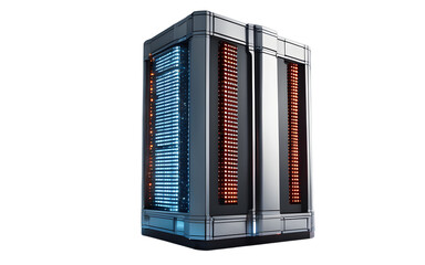 Poster - A futuristic data server tower with blinking lights, isolated on a empty plain background