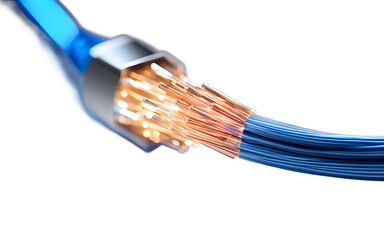 Poster - A sleek fiber optic cable emitting a blue light, isolated on a empty plain background