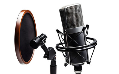 Poster - A professional podcast microphone with a pop filter, isolated on a empty plain background