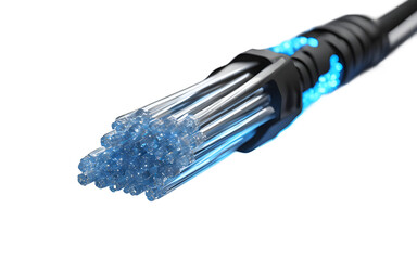 Poster - A sleek fiber optic cable emitting a blue light, isolated on a empty plain background