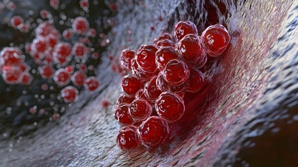 Poster - Close up macro shot of a cluster of fresh ripe and juicy red berries possibly cranberries or pomegranate arils with water droplets glistening on the surface  The image has a vibrant natural
