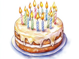 Wall Mural - Watercolor Birthday Cake with Lit Candles