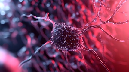 Leinwandbilder - Close up microscopic view of a glowing red and pink neural network structure representing the complex interconnected neuron and synapse system of the brain and nervous system