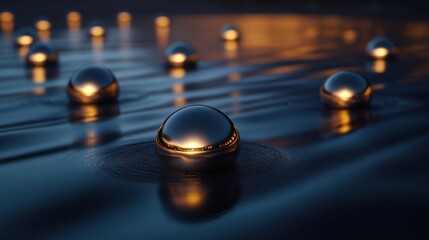 Poster - Abstract golden orbs floating on a dark blue canvas, creating a dreamy, luxurious atmosphere for branding and design.