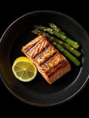 Wall Mural - Salmon and Asparagus on Black Plate