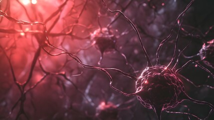 Leinwandbilder - Close up view of glowing neon colored synaptic nerve cells forming an intricate futuristic looking neural network pattern  This microscopic