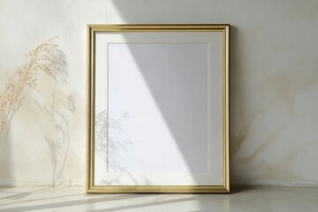 Wall Mural - Golden frame casts gentle shadows on a serene wall, waiting for a beautiful artwork to come alive