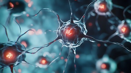 Leinwandbilder - Closeup Abstract Microscopic Image of Red and Blue Brain Neuron Cells and Neural Network Connections Illustrating Neuroscience and Nervous System Concept