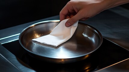 A professional chef wiping a stainless frying pan with a white napkin, ensuring a spotless cooking surface.