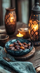 Aufkleber - Amidst soft candlelight, a beautifully arranged platter of dates invites celebrate the joy of iftar during Ramadan. The ambiance radiates warmth and tradition as evening falls