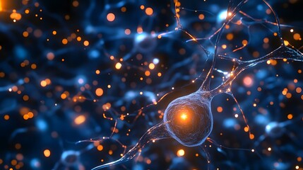 Leinwandbilder - Closeup microscopic view of a complex neural network with glowing neurons and intricate synaptic connections