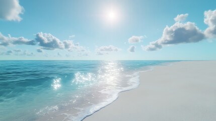 Wall Mural - Serene sandy ocean beach with golden sun rays shining over calm sea