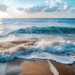 Wall Mural - Serene sandy ocean beach with rolling white tides under morning sunlight