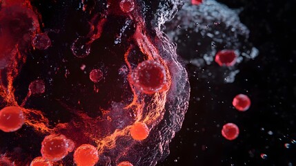 Poster - Closeup microscopic view of red blood cells and plasma in a medical research laboratory setting depicting the cellular structure and components involved in biological and clinical analysis