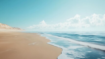 Wall Mural - Serene sandy ocean beach with sunlit golden sand under rolling tides