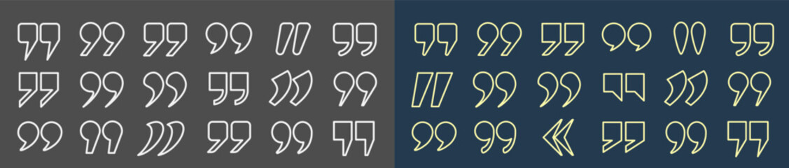Poster - A set of white and yellow quotation mark outlines on a gray and blue background. Quotation marks in the title, round ticks, and quote icons in the comments. Comma characters. Vector EPS 10.