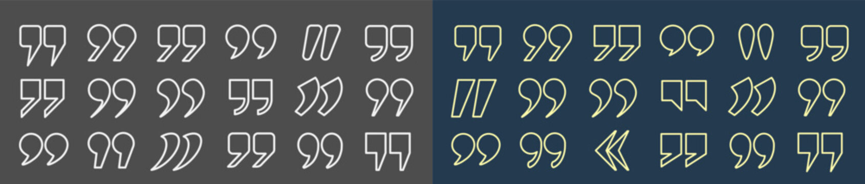 A set of white and yellow quotation mark outlines on a gray and blue background. Quotation marks in the title, round ticks, and quote icons in the comments. Comma characters. Vector EPS 10.