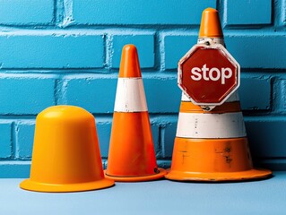 Three traffic cones in orange, one featuring a stop sign, against a blue brick wall backdrop.