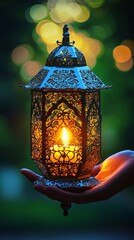 Poster - Crafted intricately, the Arabic lantern glows softly in the evening light, held delicately in a hand. This luminous piece symbolizes hospitality and artistry in its shimmering ambiance