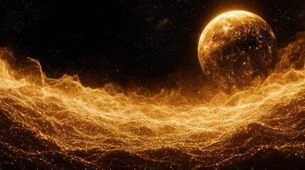 Wall Mural - Yellow planet is in the center of a black background with a lot of stars