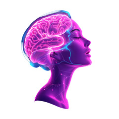 Poster - Neon Brain Illustration with Profile of Woman in Abstract Style