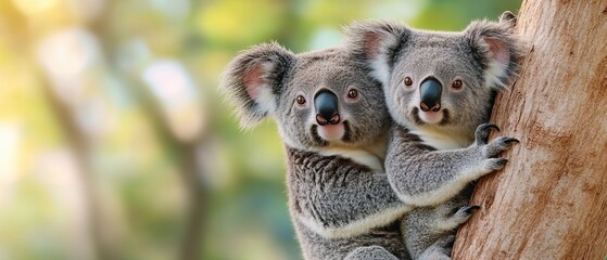 Two adorable koalas cuddle on a tree, showcasing their unique features and charming expressions amidst a natural, leafy backdrop.