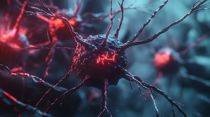 Leinwandbilder - Closeup view of a glowing neon neuron structure in an abstract futuristic digital background  Concept of scientific research neural network and advanced medical technology