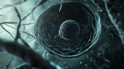 Poster - Closeup view of a microscopic spherical structure or molecule suspended in a transparent aqueous fluid featuring abstract textural patterns and minimalistic color palette of blues and greens