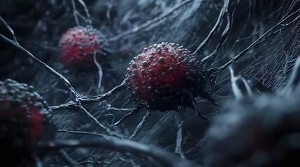 Leinwandbilder - Closeup view of frozen red berries on icy branches amidst a snowy winter forest landscape  The intricate patterns and textures of the ice crystals and organic forms create a moody atmospheric