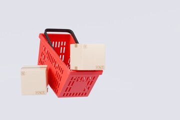 Poster - 3d Shopping cart basket with cardboard boxes inside cart icon isolated on purple background. Online Shopping, E-Commerce Concept. Minimal Empty Plastic shopping basket cart icon creative. 3d render.