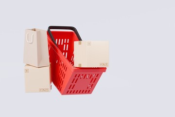 Poster - 3d Shopping cart basket with cardboard boxes inside cart icon isolated on purple background. Online Shopping, E-Commerce Concept. Minimal Empty Plastic shopping basket cart icon creative. 3d render.