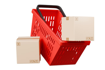 Poster - 3d Shopping cart basket with cardboard boxes inside cart icon isolated on purple background. Online Shopping, E-Commerce Concept. Minimal Empty Plastic shopping basket cart icon creative. 3d render.