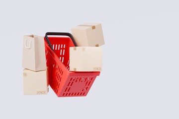 Poster - 3d Shopping cart basket with cardboard boxes inside cart icon isolated on purple background. Online Shopping, E-Commerce Concept. Minimal Empty Plastic shopping basket cart icon creative. 3d render.