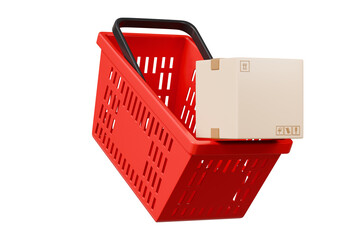 Poster - 3d Shopping cart basket with cardboard boxes inside cart icon isolated on purple background. Online Shopping, E-Commerce Concept. Minimal Empty Plastic shopping basket cart icon creative. 3d render.