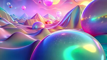 Poster - Explore a vibrant dreamscape with shimmering spheres and colorful hills under a radiant sky at dusk. Generative AI