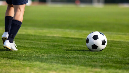 Wall Mural - A macro close-up of a soccer ball mid-air with a player's foot following through the motion, captured at an eye-level angle.