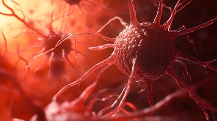 Poster - Detailed Microscopic View of Infectious Viral Cell Structure in Red  Closeup image of a magnified red colored virus or pathogenic cell used for medical research disease diagnosis