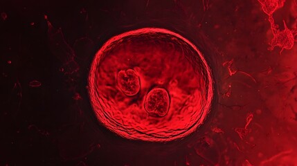 Poster - Detailed microscopic view of early stage embryo cells or zygote with vibrant red backdrop representing the fascinating world of biology medical research genetic science