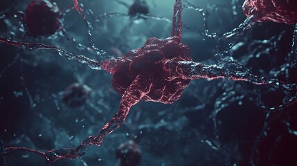 Leinwandbilder - Detailed microscopic view of interconnected neural cells nerve synapses and intricate neuroscience patterns in vibrant red and blue colors