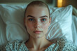© Canary - A depressed cancer patient young girl lying on the hospital bed. Concept of alopecia and cancer awareness. AI generated