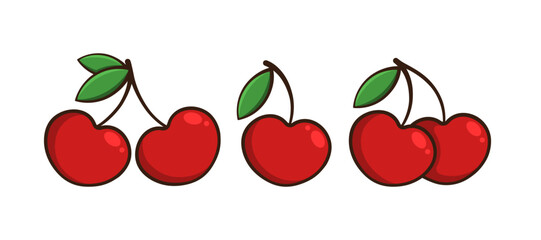 Wall Mural - Cherry vector flat illustration. Collection of red berries with green leaves on white background.