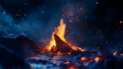 Poster - Dramatic nighttime landscape with a powerful volcanic eruption surrounded by bursts of lava fiery explosions and swirling smoke and ash