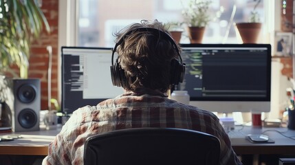 Focused developer working at home on computer with dual monitor setup