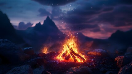 Poster - Dramatic scene of a fiery volcanic eruption with lava and smoke billowing against a backdrop of a starry night sky and rugged mountain landscape  This powerful