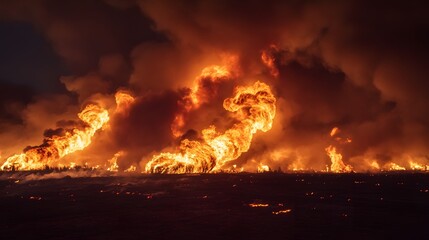 Poster - Dramatic scene of a massive wildfire explosion with intense flames and dark billowing smoke in a chaotic landscape under a dark clouded sky