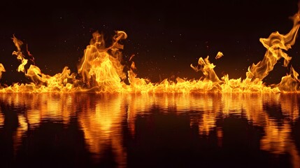 Poster - Dramatic scene of a raging blaze of intense fiery flames reflecting in the calm surface of a body of water