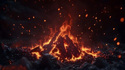 Poster - Dramatic scene of a raging bonfire or campfire erupting with intense flames and embers on a rugged mountainous landscape at night against a dark sky  The fiery blaze creates a powerful chaotic