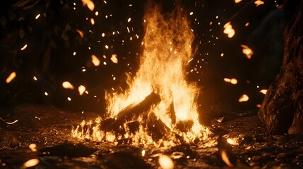 Poster - Dramatic scene of an intense fiery blaze with crackling flames bright glowing embers and sparks erupting in a powerful and chaotic display of heat energy and destruction